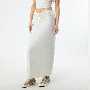 NWT WEWOREWHAT Crystal Midi Skirt Spandex Ecru White Silver Rhinestone Cinched